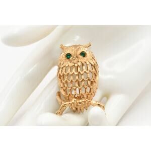 Vintage NAPIER Gold Tone Owl Brooch Green Rhinestone Eyes 1.5"